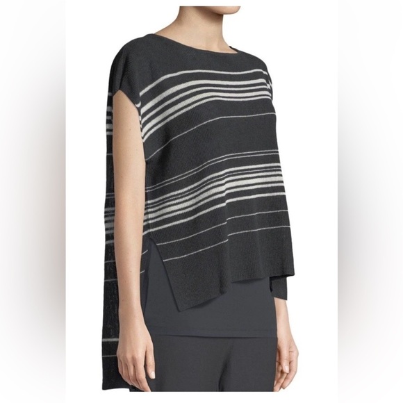 Eileen Fisher Fine Linen Crepe Knit Poncho Top Graphite/Bone Sz M High Low Hem - Picture 1 of 3